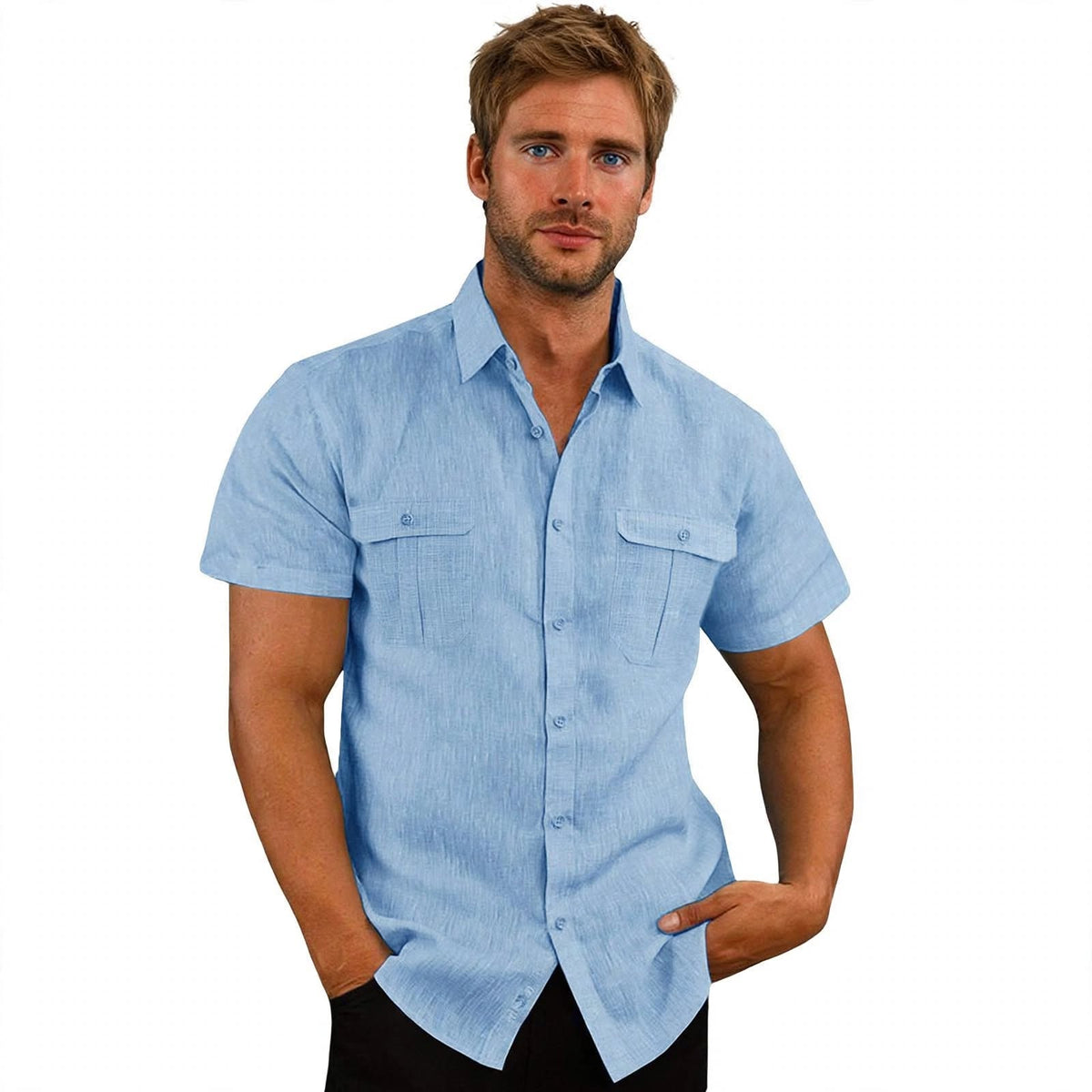 Men's Linen Shirt | Short Sleeve Collared Button Closure