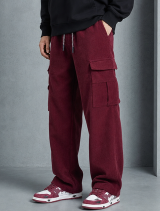 Skiathos Corduroy Cargo Pants in Burgundy Red
