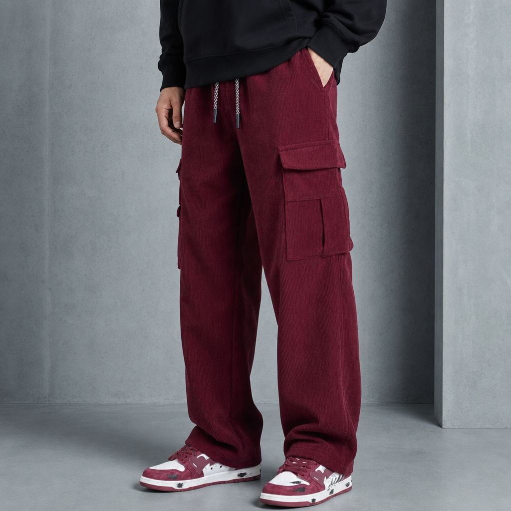 Skiathos Corduroy Cargo Pants in Burgundy Red