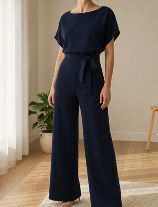 Antibes Belted Batwing Jumpsuit in Navy Blue
