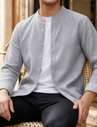 Sesimbra Linen Band Collar Shirt in Gray