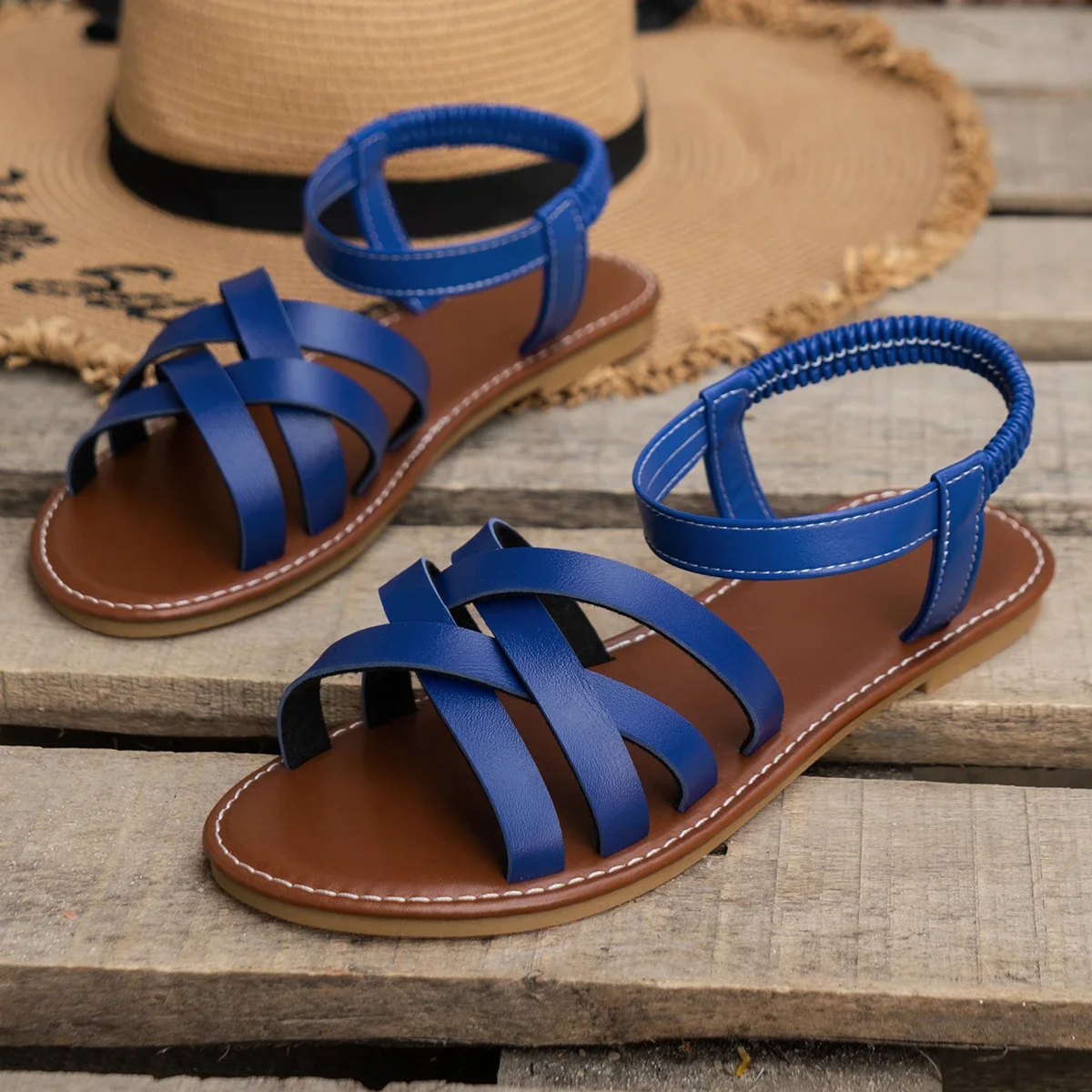Women's Slide | Open Toe Ankle Strap Leather Flat