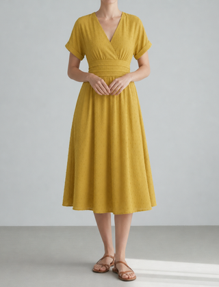 Peniscola Swiss Dot Wrap Midi Dress in Mustard Yellow