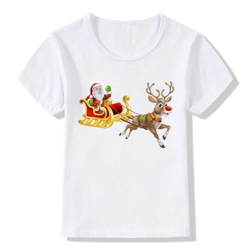 Women's White Shirt | Santa Print Short Sleeve Crew Neck