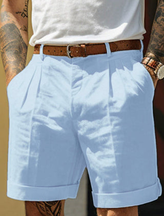 Men's Linen Shorts | Pleated Flat Front Rolled Hem Cotton