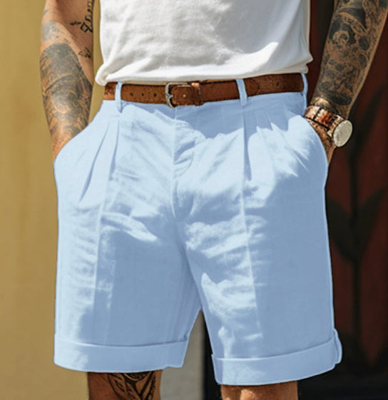 Men's Linen Shorts | Pleated Flat Front Rolled Hem Cotton