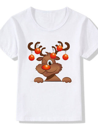 Women's White Shirt | Santa Print Short Sleeve Crew Neck