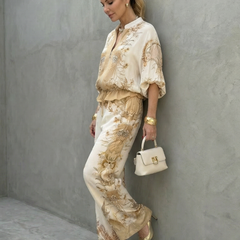 Women's Two Piece Set | Zip Front Blouson Short Sleeve Printed Polyester