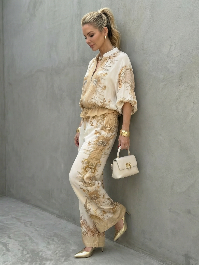 Women's Two Piece Set | Zip Front Blouson Short Sleeve Printed Polyester