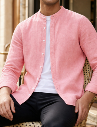 Sesimbra Linen Band Collar Shirt in Pink