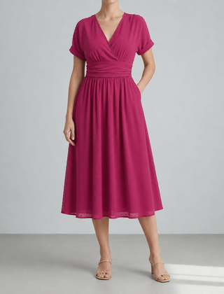 Peniscola Swiss Dot Wrap Midi Dress in Bubblegum Pink