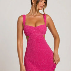 Women's Cocktail Dress | Mini Square Neck Sleeveless Embellished