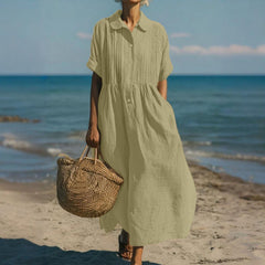 Women's White Dress | Maxi Shirt Collar Pintuck Button