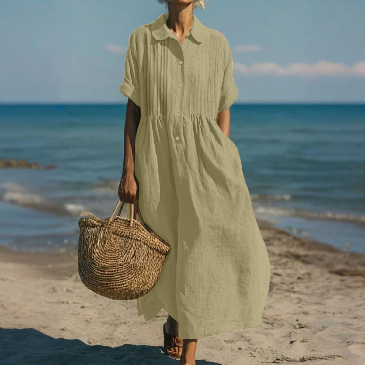 Women's White Dress | Maxi Shirt Collar Pintuck Button