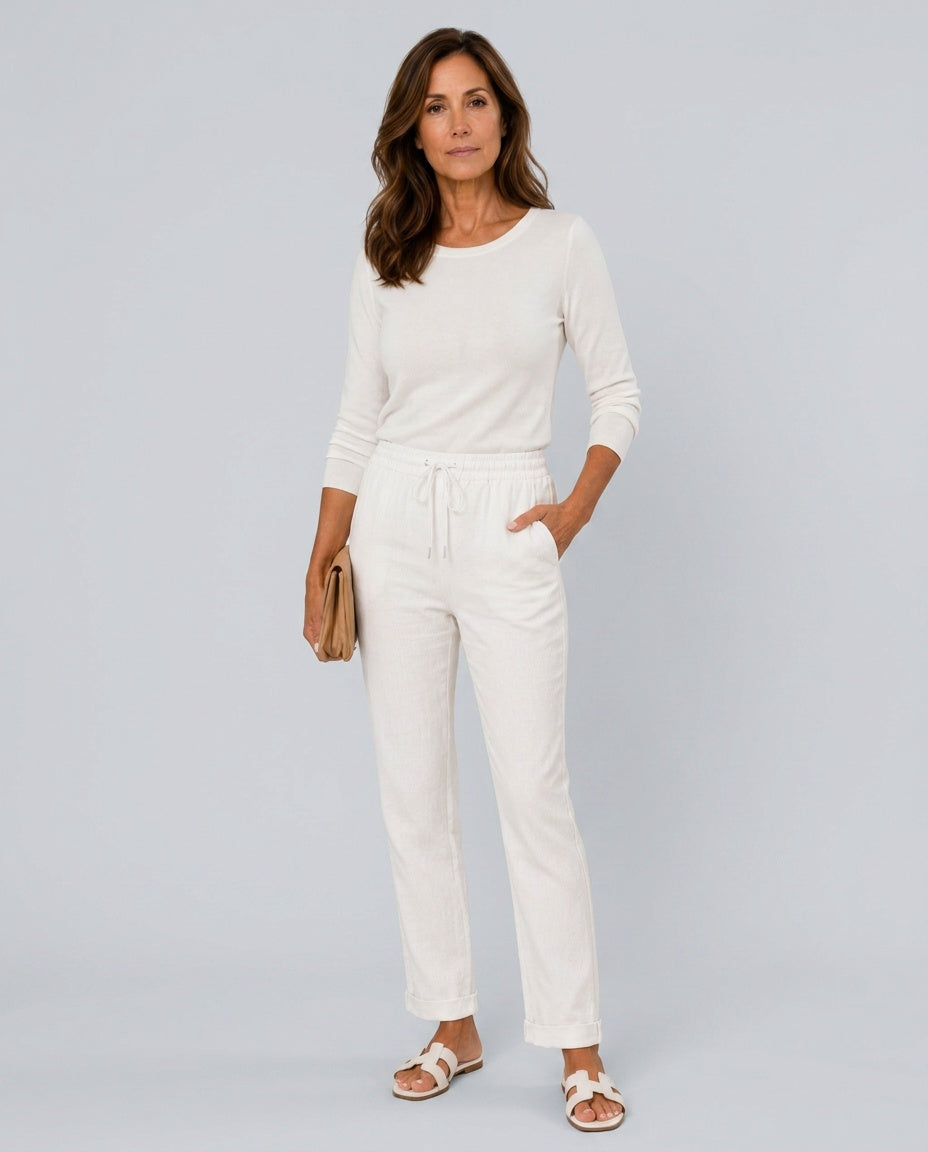 Women's Linen Pants | Relaxed Straight Leg Elastic Waist Rolled Hem