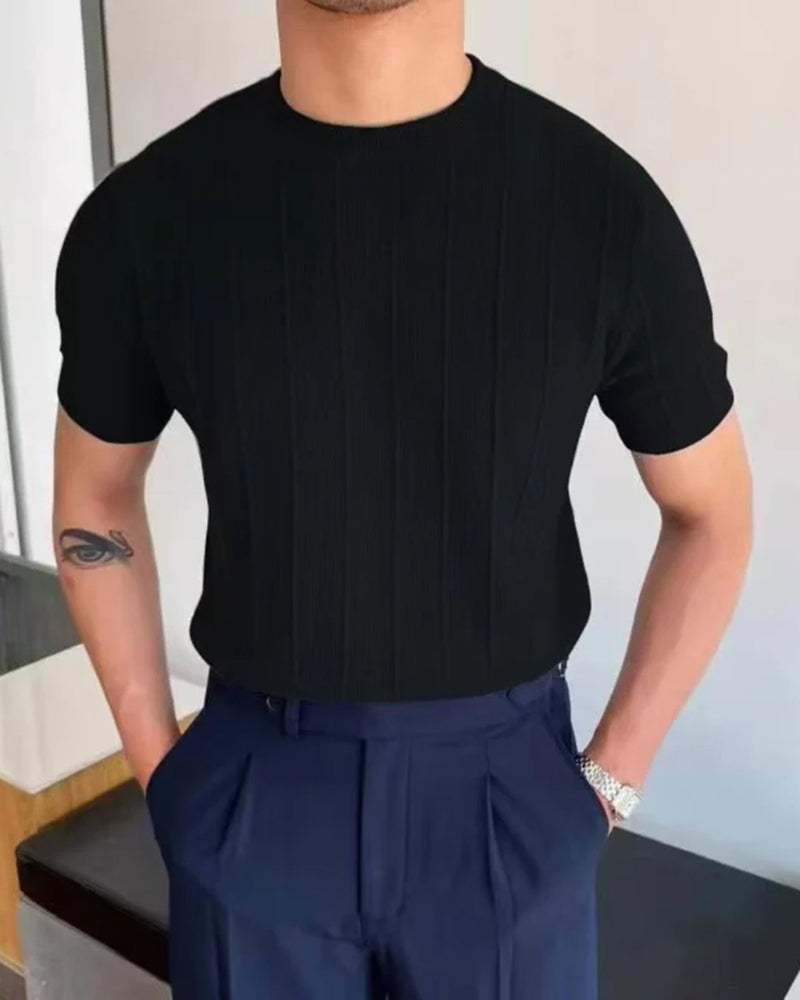 Men's Ribbed Knit Shirt | Crew Neck Short Sleeve Knit