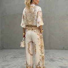 Women's Two Piece Set | Zip Front Blouson Short Sleeve Printed Polyester