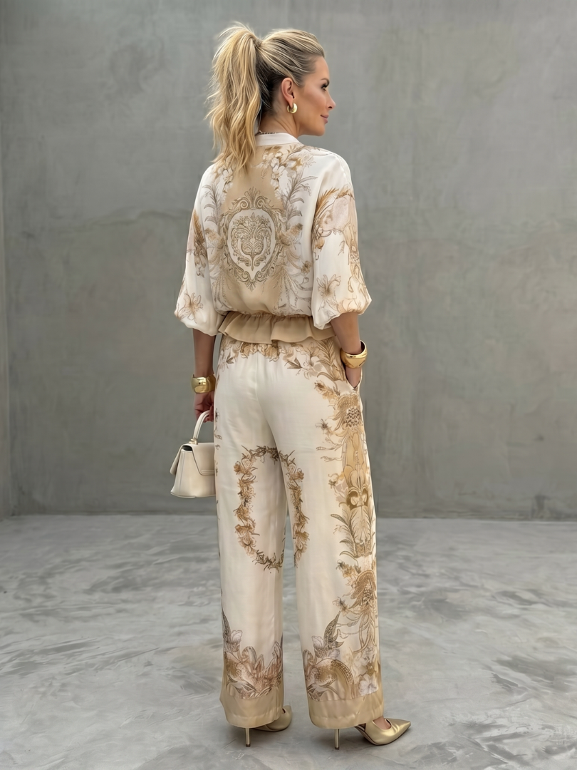 Women's Two Piece Set | Zip Front Blouson Short Sleeve Printed Polyester