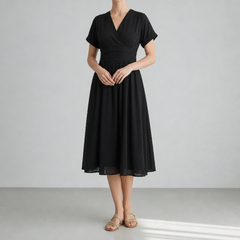 Peniscola Swiss Dot Wrap Midi Dress in Black