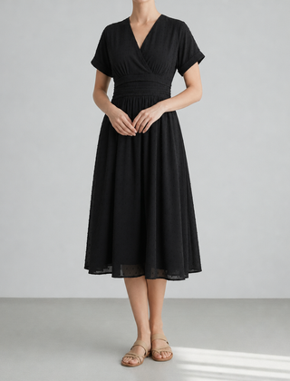 Peniscola Swiss Dot Wrap Midi Dress in Black