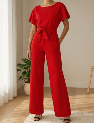 Antibes Belted Batwing Jumpsuit in Red