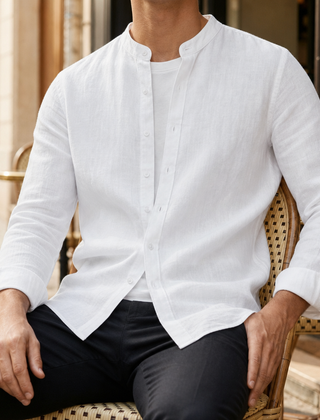 Sesimbra Linen Band Collar Shirt in White