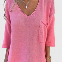 Women's Top | V-Neck Long Sleeve Knit Pocket