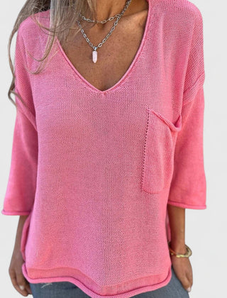 Women's Top | V-Neck Long Sleeve Knit Pocket