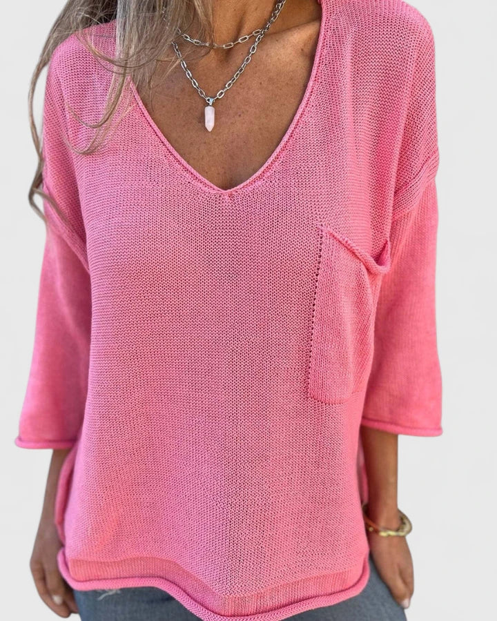 Women's Top | V-Neck Long Sleeve Knit Pocket