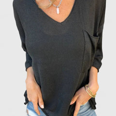 Women's Top | V-Neck Long Sleeve Knit Pocket