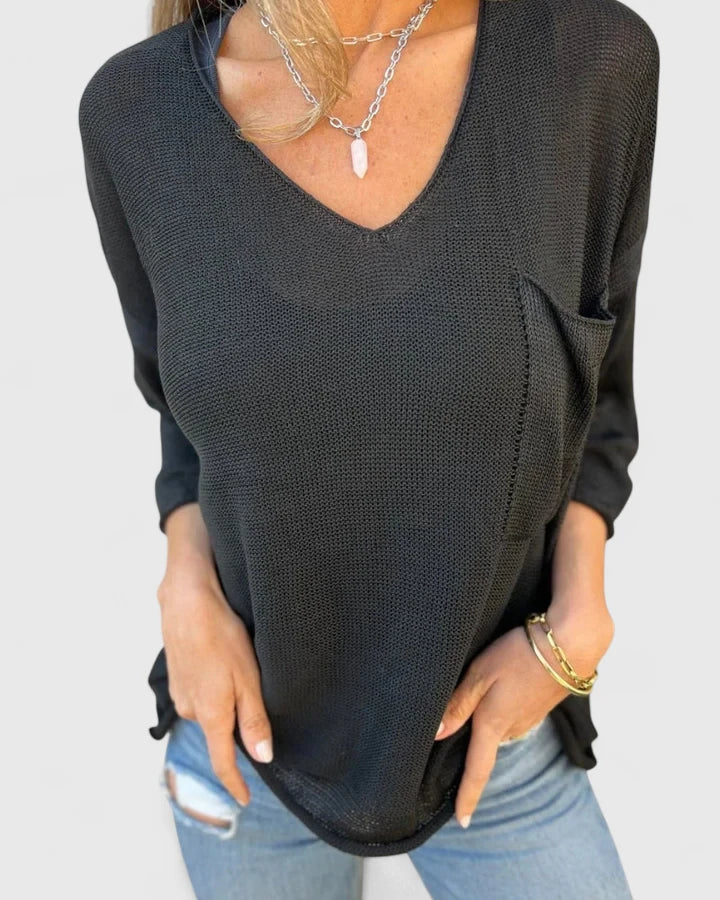 Women's Top | V-Neck Long Sleeve Knit Pocket