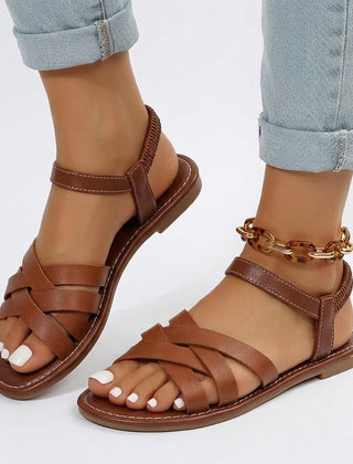 Women's Slide | Open Toe Ankle Strap Leather Flat