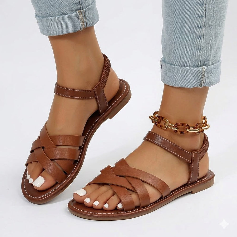 Women's Slide | Open Toe Ankle Strap Leather Flat