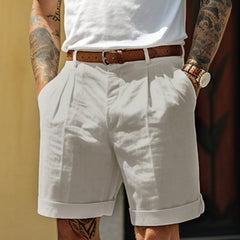 Men's Linen Shorts | Pleated Flat Front Rolled Hem Cotton