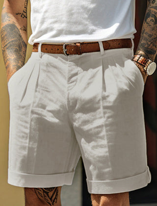 Men's Linen Shorts | Pleated Flat Front Rolled Hem Cotton