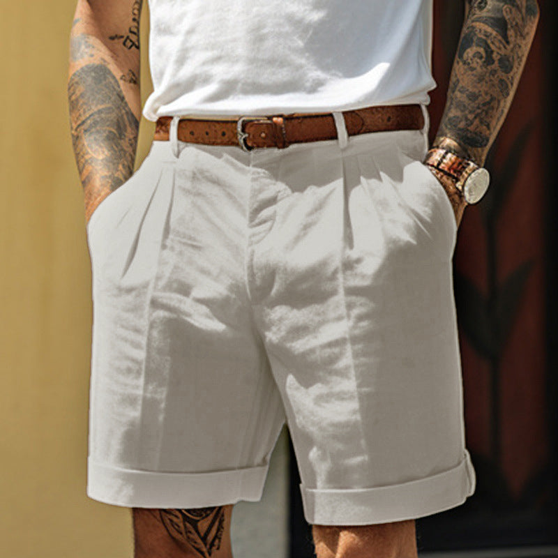 Men's Linen Shorts | Pleated Flat Front Rolled Hem Cotton