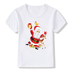 Women's White Shirt | Santa Print Short Sleeve Crew Neck