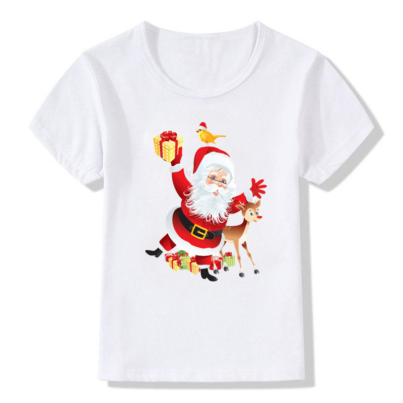 Women's White Shirt | Santa Print Short Sleeve Crew Neck