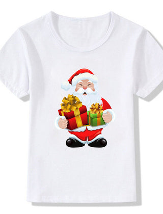 Women's White Shirt | Santa Print Short Sleeve Crew Neck