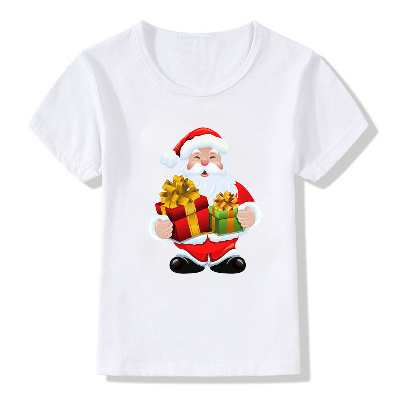 Women's White Shirt | Santa Print Short Sleeve Crew Neck
