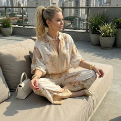 Women's Two Piece Set | Zip Front Blouson Short Sleeve Printed Polyester