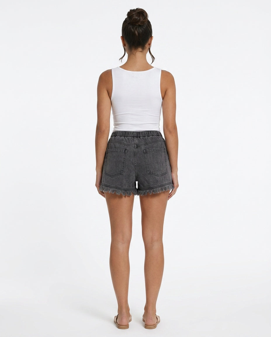 Women's Mini Shorts | Elastic Waist Raw Hem Denim