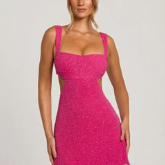 Women's Cocktail Dress | Mini Square Neck Sleeveless Embellished