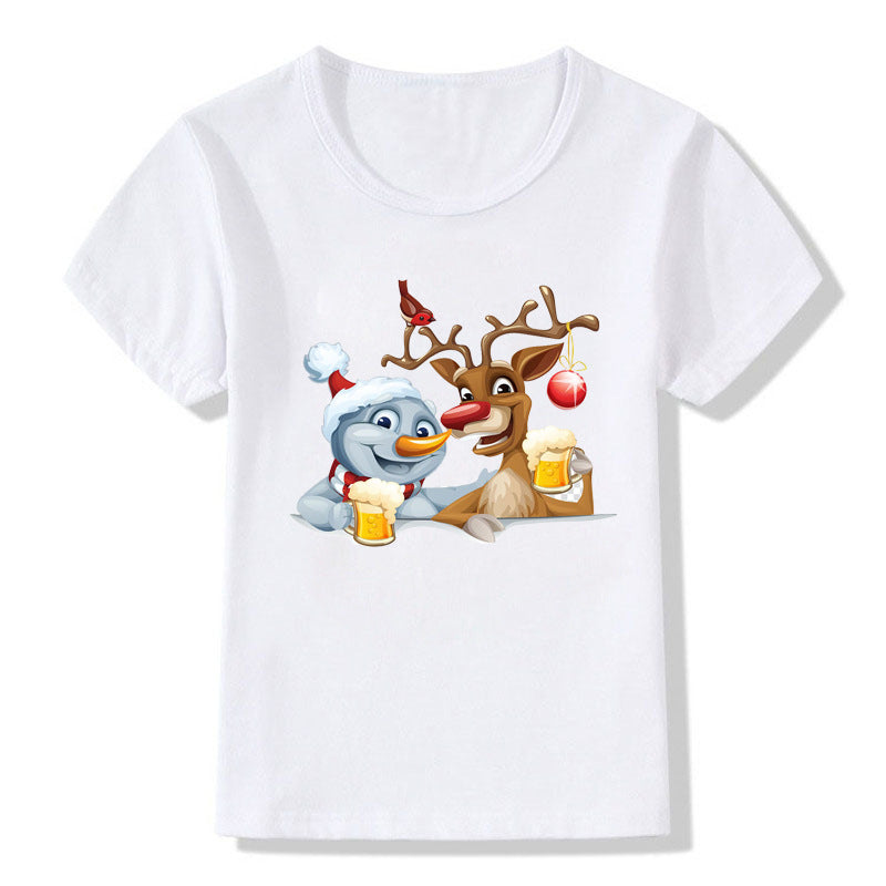 Women's White Shirt | Santa Print Short Sleeve Crew Neck