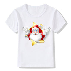 Women's White Shirt | Santa Print Short Sleeve Crew Neck
