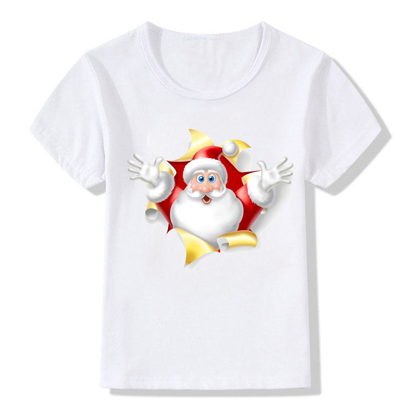 Women's White Shirt | Santa Print Short Sleeve Crew Neck