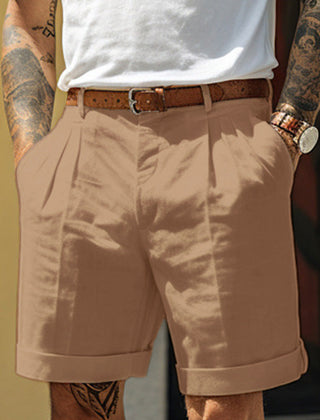 Men's Linen Shorts | Pleated Flat Front Rolled Hem Cotton