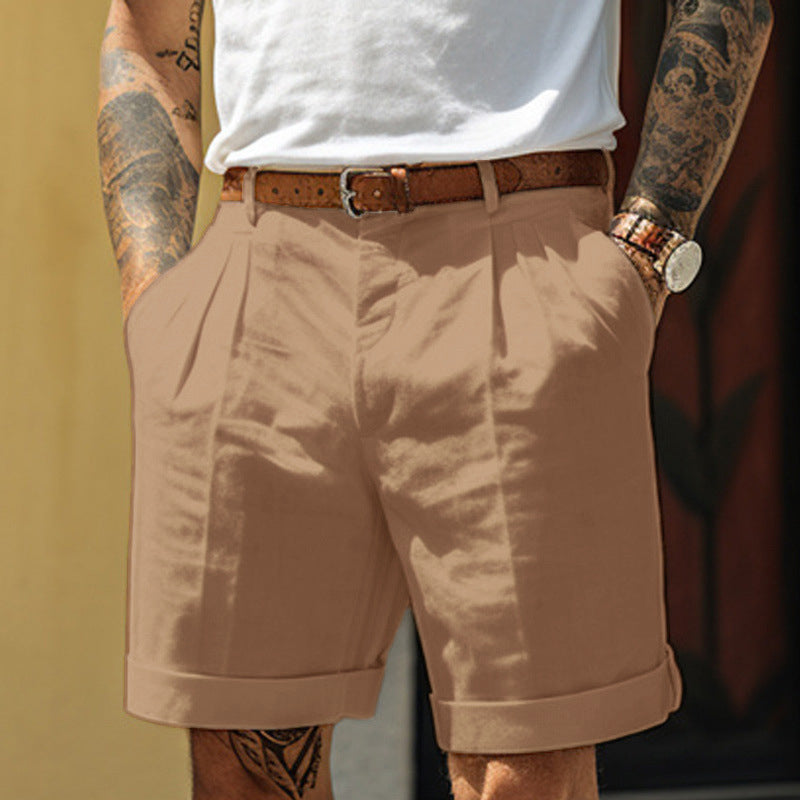 Men's Linen Shorts | Pleated Flat Front Rolled Hem Cotton
