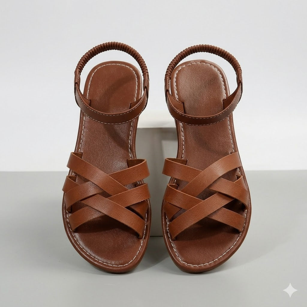 Women's Slide | Open Toe Ankle Strap Leather Flat