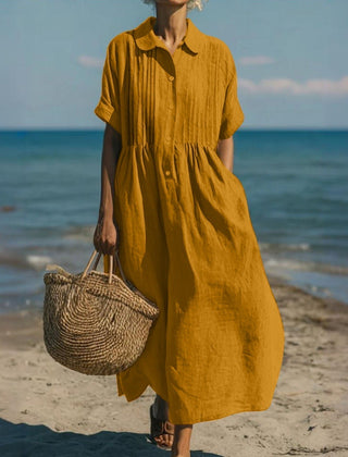 Women's White Dress | Maxi Shirt Collar Pintuck Button